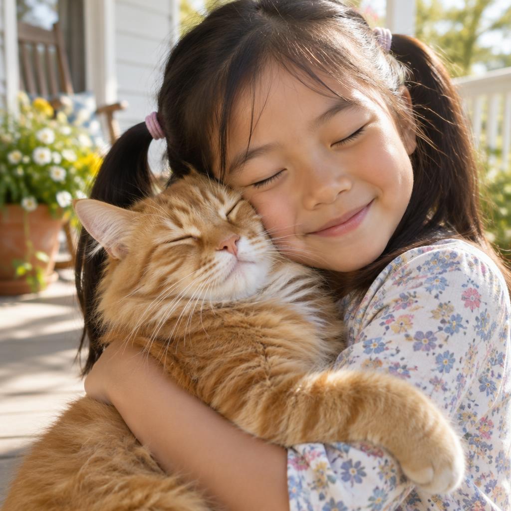 A young Asian girl with pigtails hugging a fluffy orange tabby cat, cheek pressed against its fur