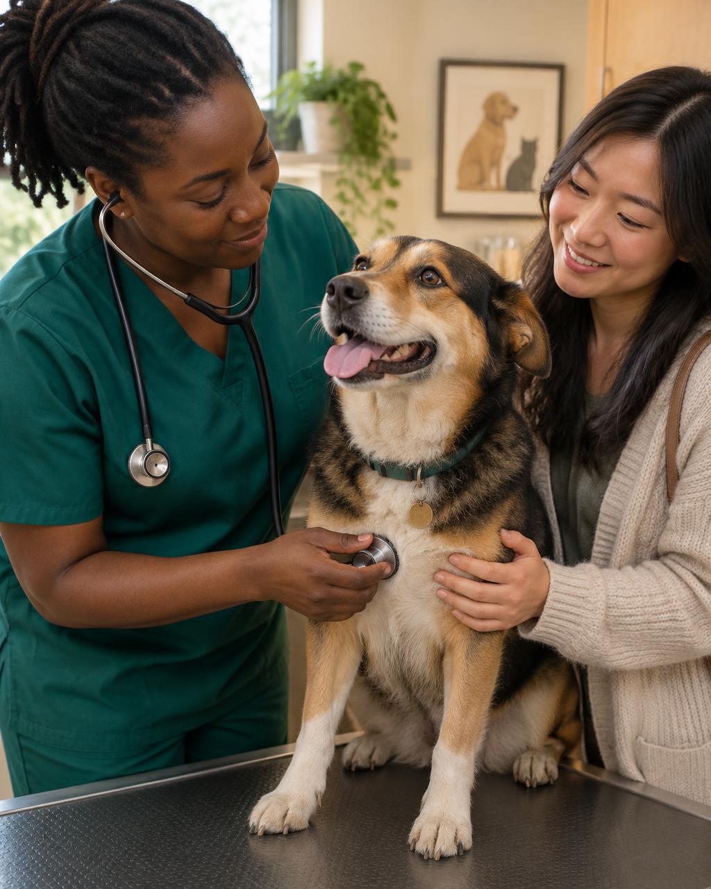 A Black veterinarian in green scrubs listening to a happy dog's heartbeat while the dog's owner smiles beside them