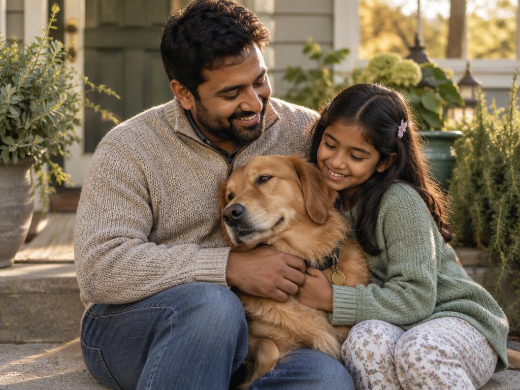 A South Asian father and his young daughter sitting on porch steps, smiling as their golden retriever leans into them