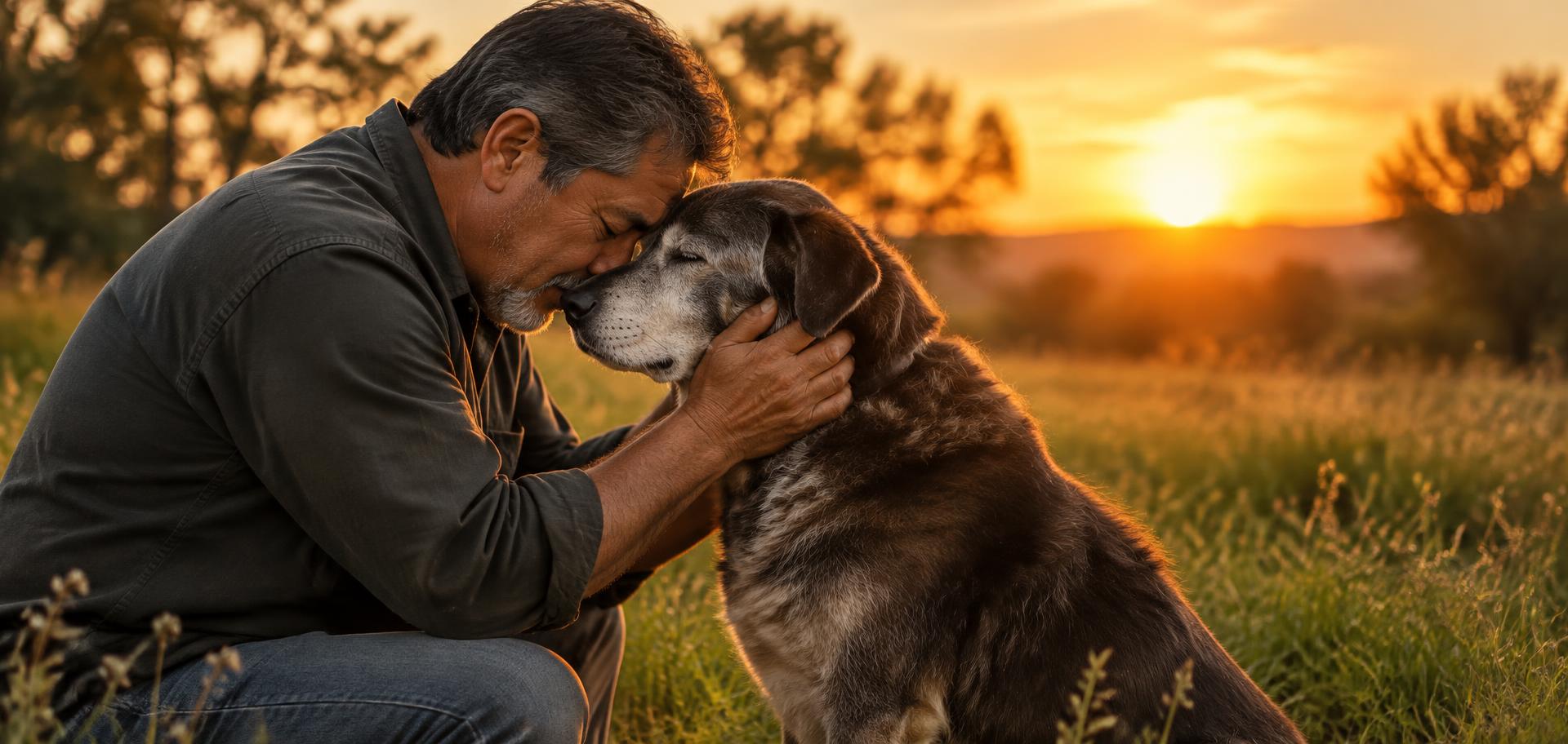 A Latino man kneeling in a grassy field at sunset, touching foreheads with his gray-muzzled senior dog